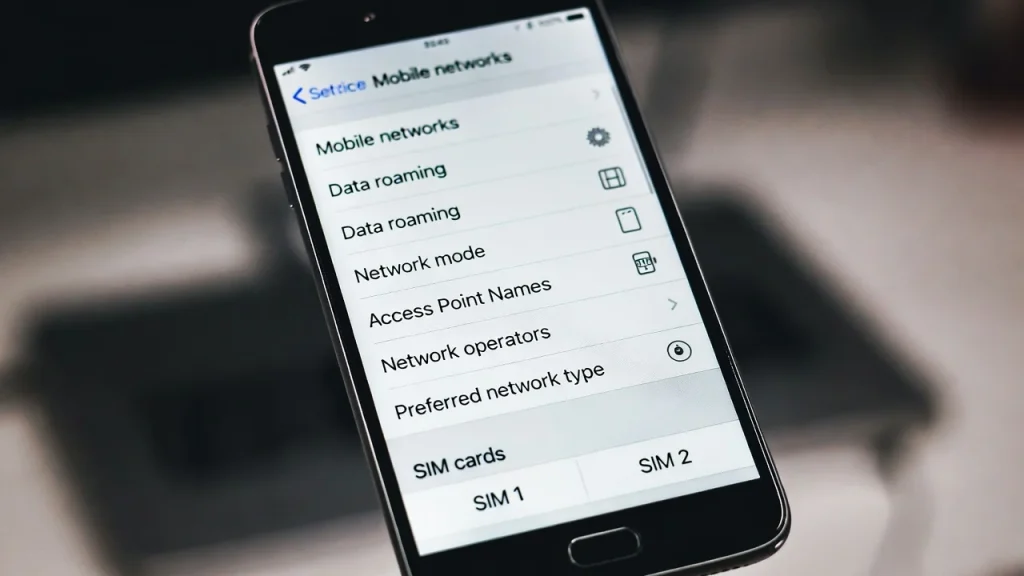 a smartphone showing network settings and SIM card options